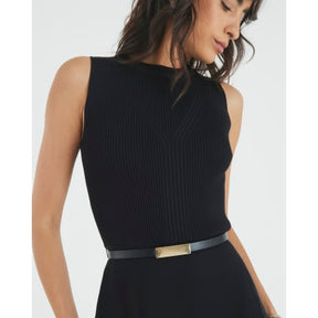 Black Knitted Sleeveless Belted Mini Dress