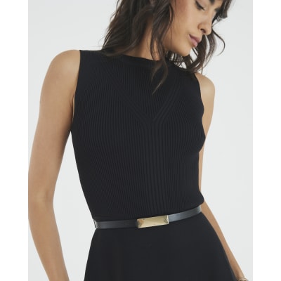 Black Knitted Sleeveless Belted Mini Dress