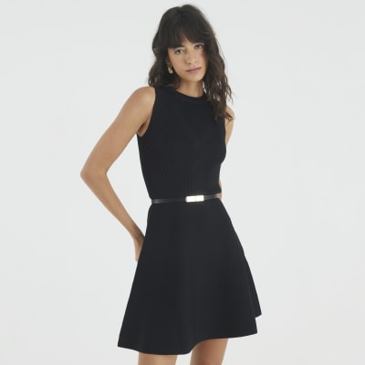 Black Knitted Sleeveless Belted Mini Dress