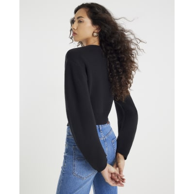 Black Knitted Structured Sleeve Cardigan