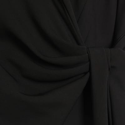 Black Knot Front Wrap Midi Dress