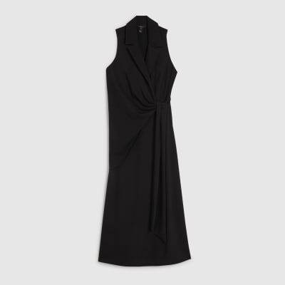 Black Knot Front Wrap Midi Dress