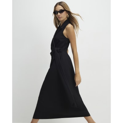 Black Knot Front Wrap Midi Dress