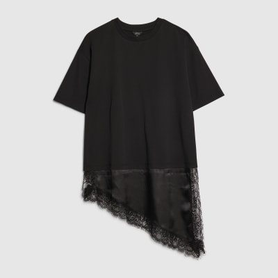 Black Lace Hem Aysmmetric T-Shirt