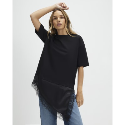 Black Lace Hem Aysmmetric T-Shirt