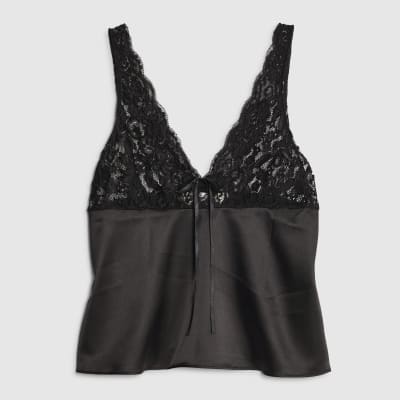 Black Lace Tie Trim Cami Top