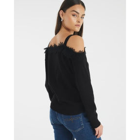 Black Lace Trim Cut Out Shoulder Top