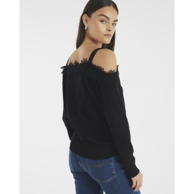 Black Lace Trim Cut Out Shoulder Top