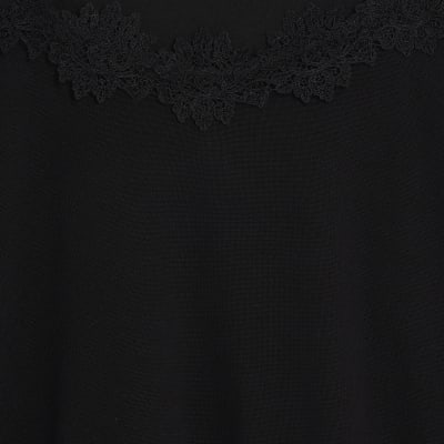 Black Lace Trim Cut Out Shoulder Top