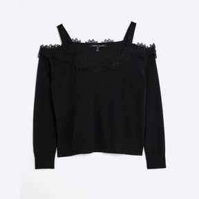 Black Lace Trim Cut Out Shoulder Top
