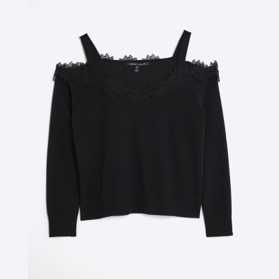 Black Lace Trim Cut Out Shoulder Top