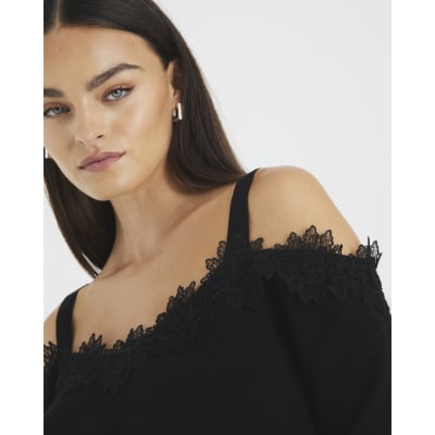 Black Lace Trim Cut Out Shoulder Top