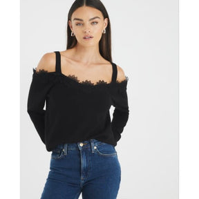 Black Lace Trim Cut Out Shoulder Top