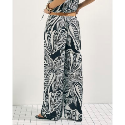 Black Linen Blend Palm Print Beach Trousers