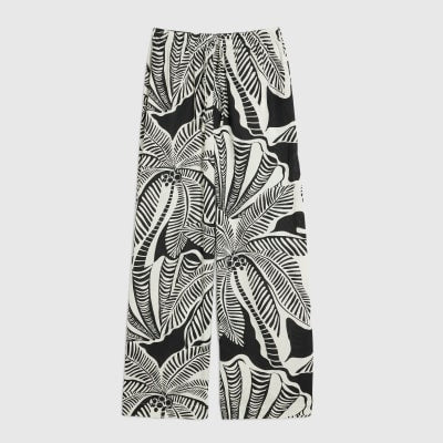 Black Linen Blend Palm Print Beach Trousers