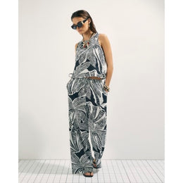 Black Linen Blend Palm Print Beach Trousers