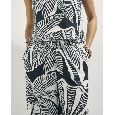 Black Linen Blend Palm Print Beach Trousers
