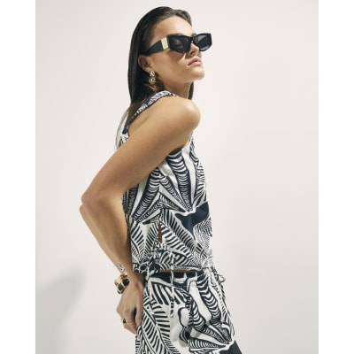 Black Linen Blend Palm Print Tank Top