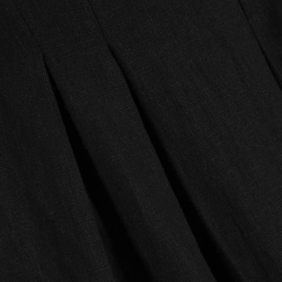 Black Linen Blend Shirred Mini Dress