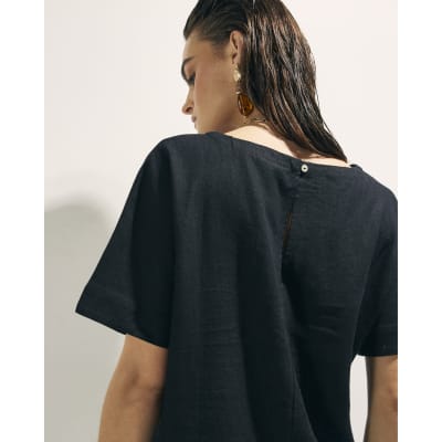 Black Linen Blend Short Sleeve Top