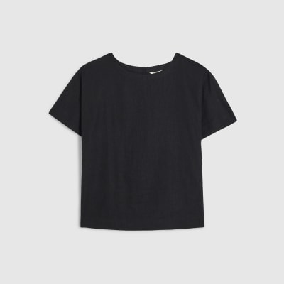 Black Linen Blend Short Sleeve Top