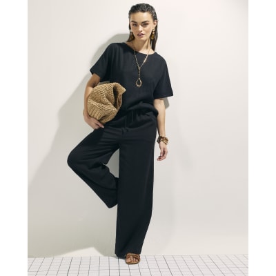 Black Linen Blend Short Sleeve Top