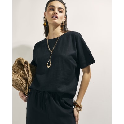 Black Linen Blend Short Sleeve Top
