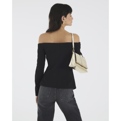 Black Long Sleeve Bardot Button Top