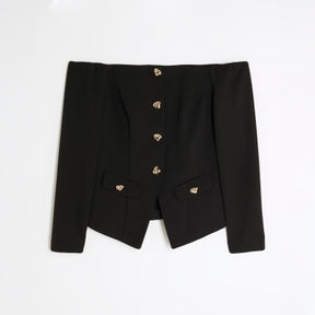 Black Long Sleeve Bardot Button Top