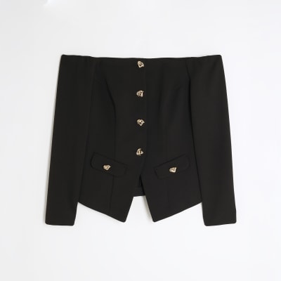 Black Long Sleeve Bardot Button Top