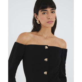 Black Long Sleeve Bardot Button Top