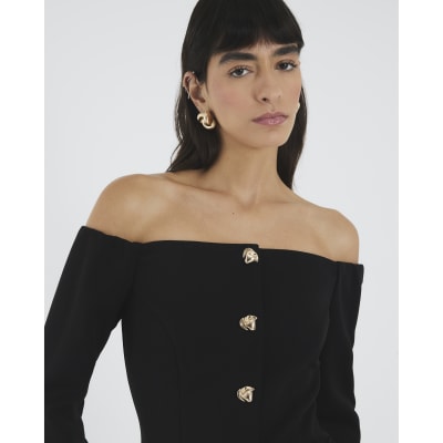 Black Long Sleeve Bardot Button Top