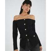 Black Long Sleeve Bardot Button Top