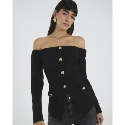 Black Long Sleeve Bardot Button Top