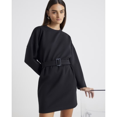 Black Long Sleeve Belted Sweatshirt Dress