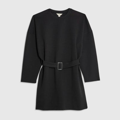 Black Long Sleeve Belted Sweatshirt Dress