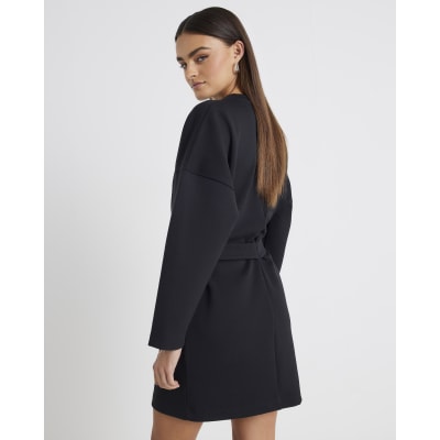 Black Long Sleeve Belted Sweatshirt Dress