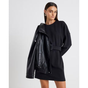 Black Long Sleeve Belted Sweatshirt Dress