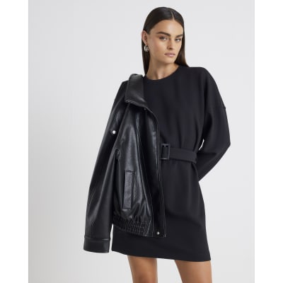 Black Long Sleeve Belted Sweatshirt Dress