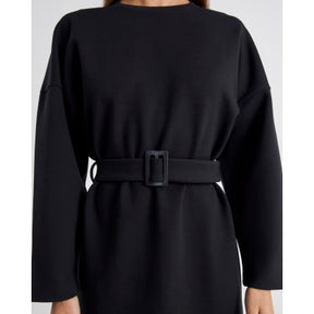 Black Long Sleeve Belted Sweatshirt Dress