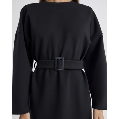 Black Long Sleeve Belted Sweatshirt Dress