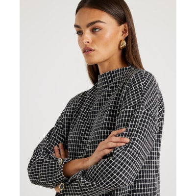 Black Long Sleeve Boucle Check Top