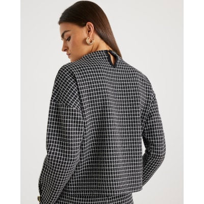 Black Long Sleeve Boucle Check Top
