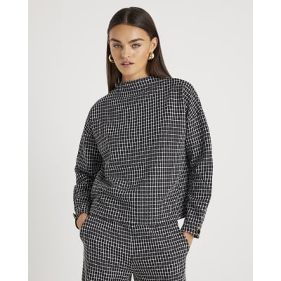 Black Long Sleeve Boucle Check Top