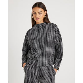 Black Long Sleeve Boucle Check Top