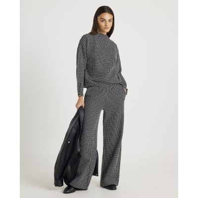 Black Long Sleeve Boucle Check Top