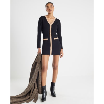 Black Long Sleeve Button Detail mini Dress