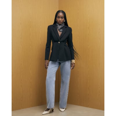 Black Long Sleeve Cinched Waist Blazer