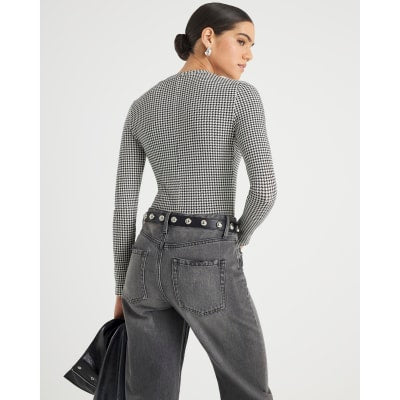 Black Long Sleeve Dogtooth Print Top