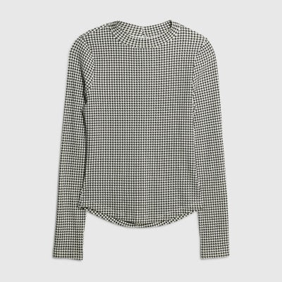 Black Long Sleeve Dogtooth Print Top